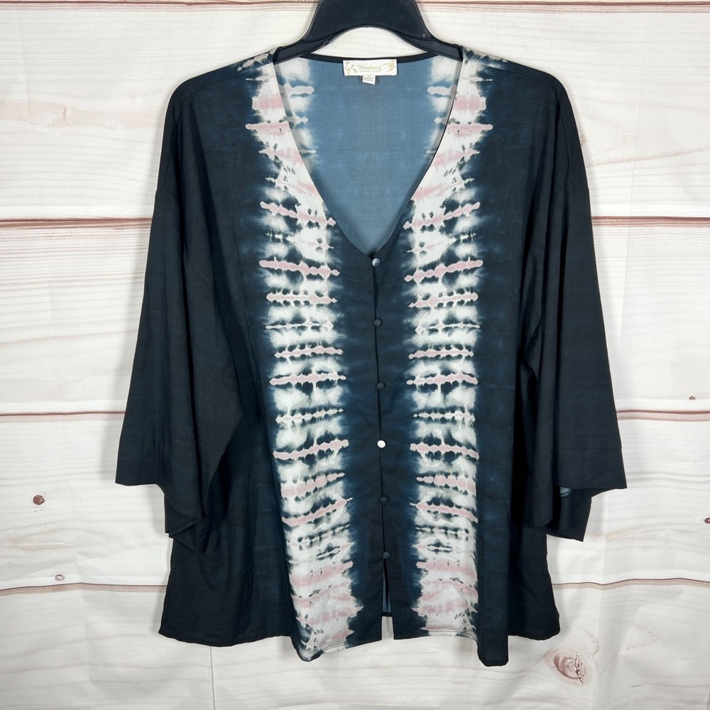 Susan Betro Weekend Top Womens 1X Black Tie Dye Print Blouse Kimono Sleeve Woven